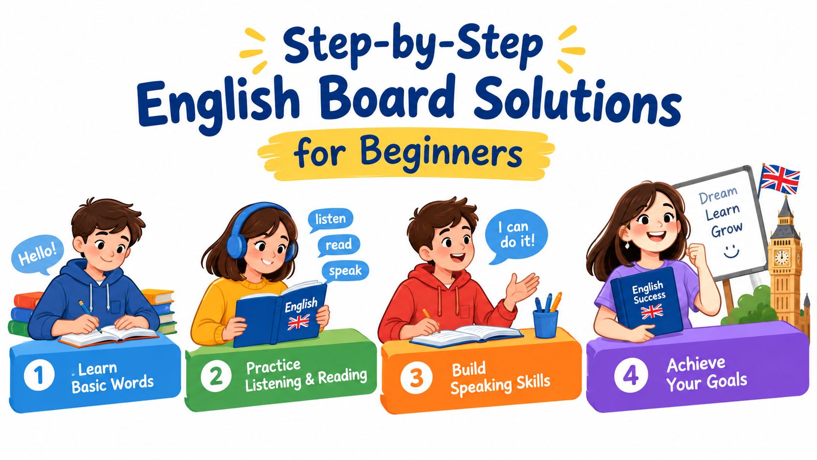 An educational illustration showing four steps to learn English, featuring students with books and learning resources.