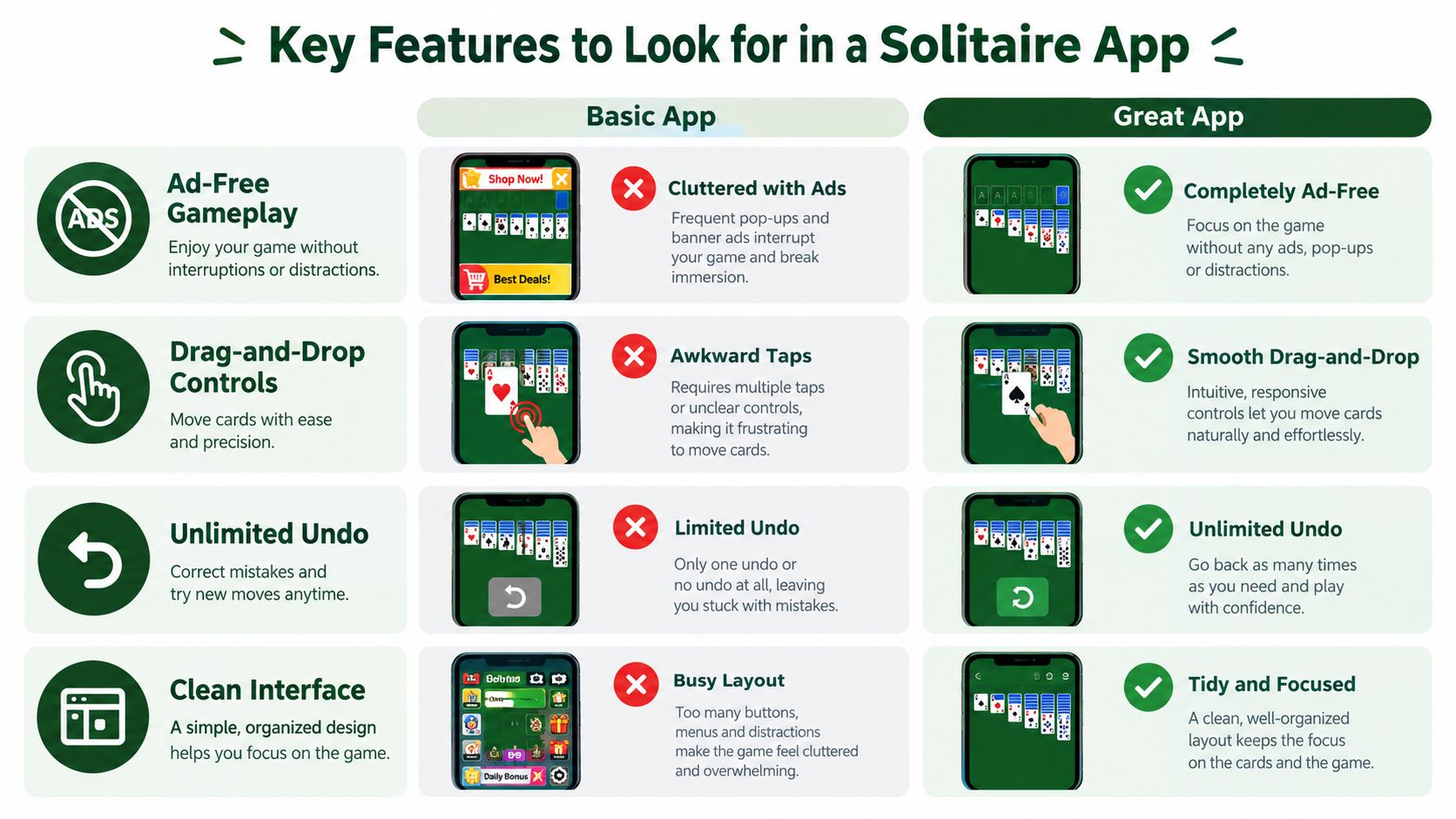 A comparison chart showing features to look for in a solitaire app versus a basic app.