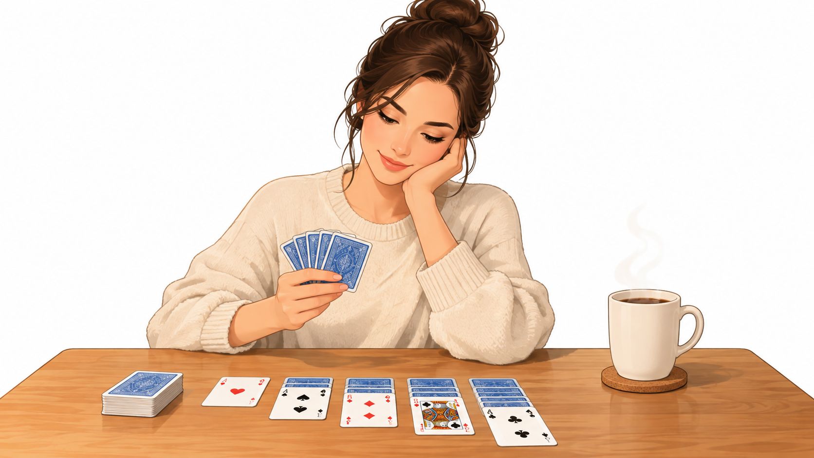 A beautiful young woman sitting at a wooden table playing a game of solitaire with cards.