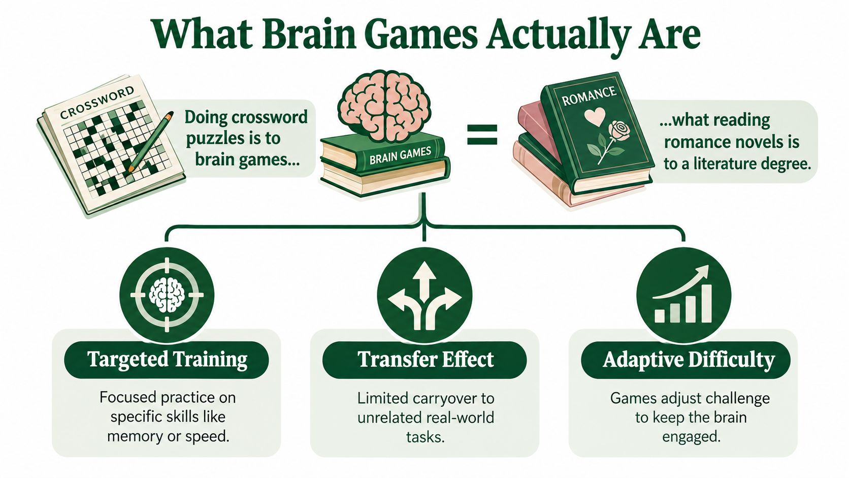 An infographic illustrating that brain games have limited real-world benefits, similar to reading romance novels for literature.