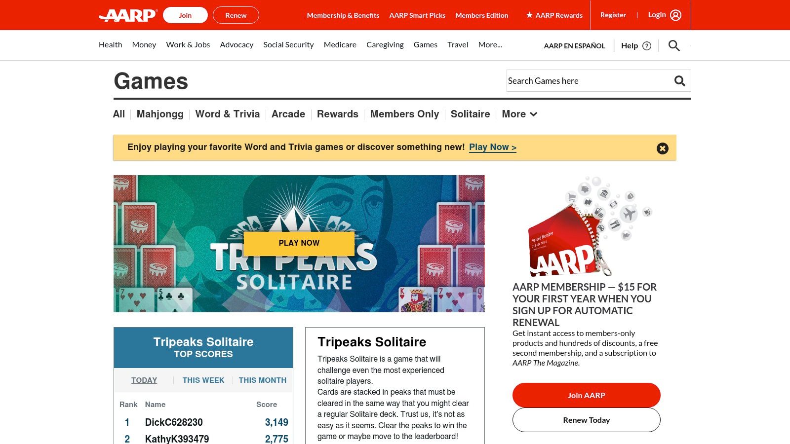 AARP Games Tripeaks Solitaire