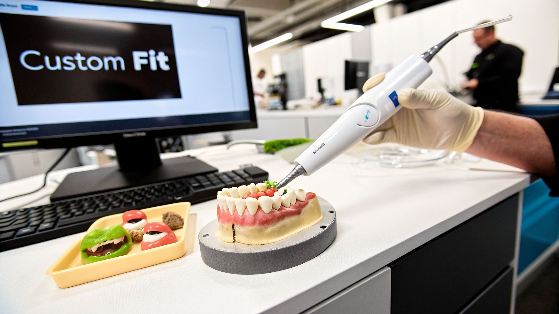 A gloved hand uses a modern dental scanner on a custom teeth model, with 'Custom Fit' on screen.