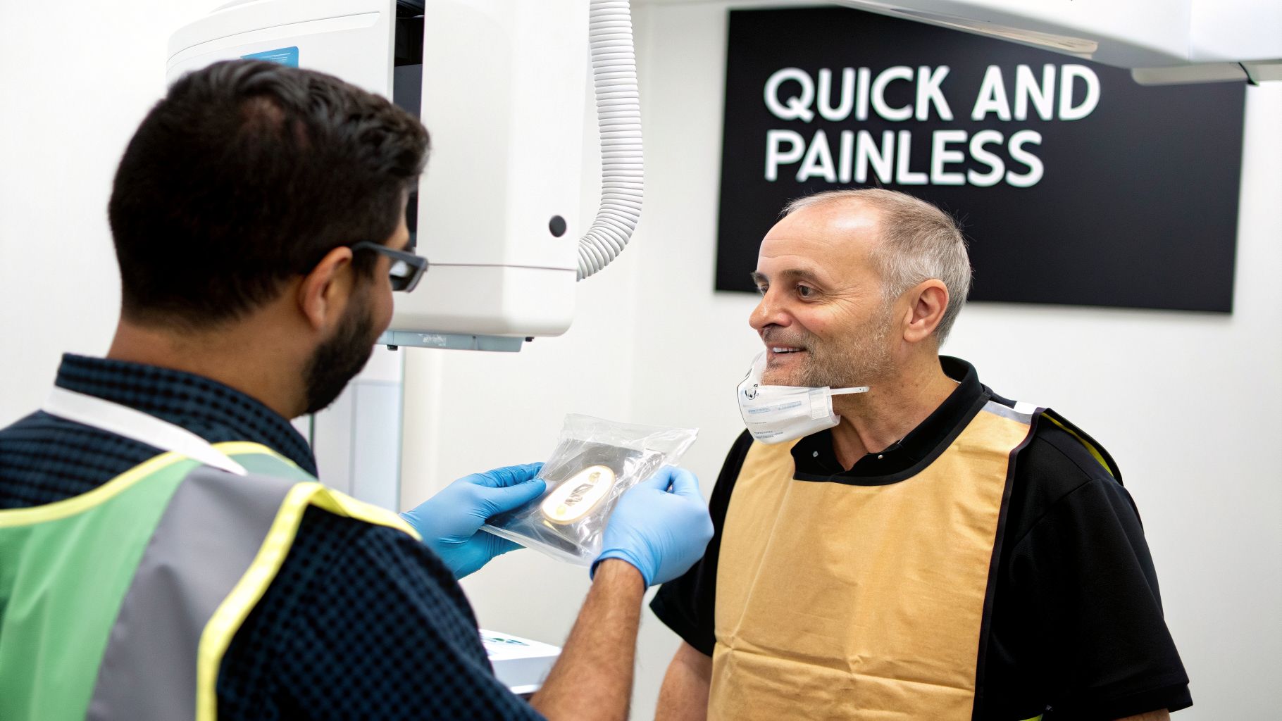 A technician in gloves prepares a dental X-ray for a smiling male patient wearing a lead apron.