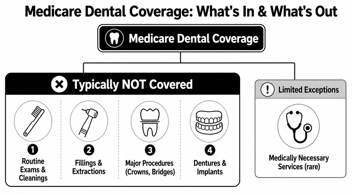 A chart explaining what dental services are typically not covered by Medicare and limited exceptions.