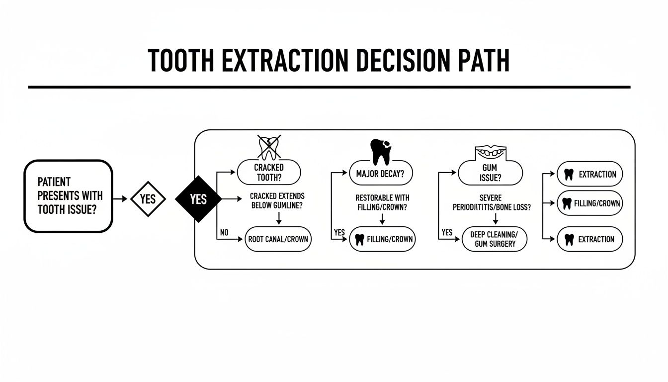 Flowchart illustrating a tooth extraction decision path based on dental issues like cracks, decay, and gum disease.