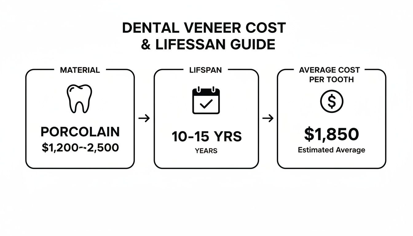 Dental veneer cost and lifespan guide showing porcelain material, its lifespan, and average price per tooth.