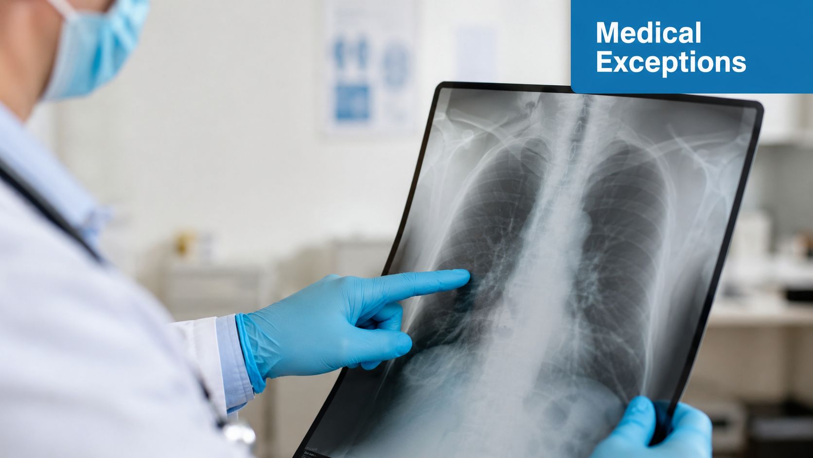 A doctor in a white coat and blue gloves examining a chest X-ray in a medical office.