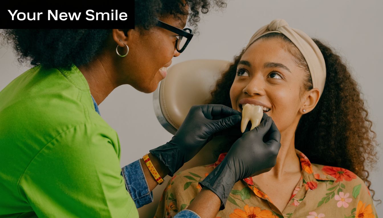 A dentist wearing black gloves demonstrates a valplast single tooth denture to a young female patient.