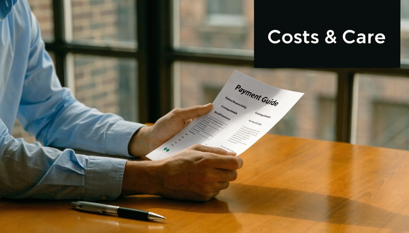 A professional holding a medical payment guide document at a wooden table in an office setting.