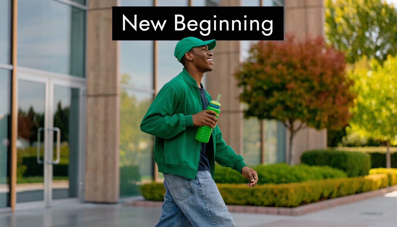 A happy young man in a green jacket walking outside carrying a water bottle.