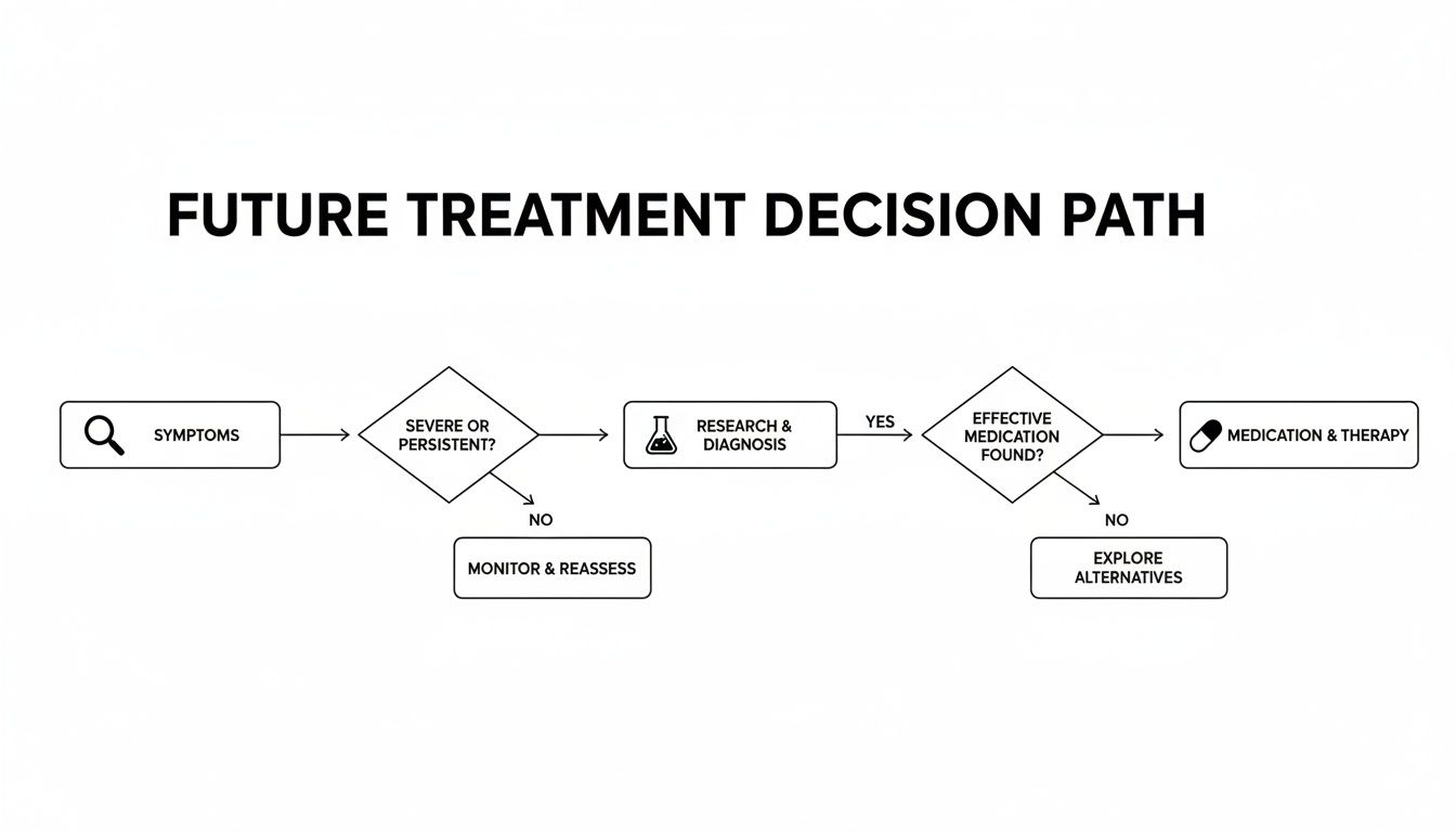 A detailed flowchart outlining a future treatment decision path, from symptoms to diagnosis and therapy.