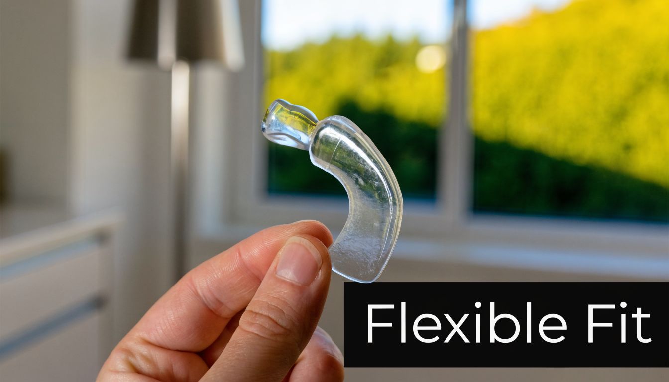 A hand holding a flexible, clear valplast single tooth denture against a bright, sunlit window background.
