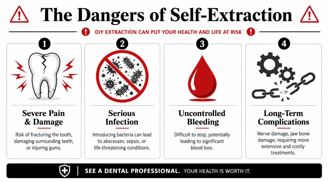 An infographic detailing the health risks and dangerous complications associated with attempting emergency tooth extraction at home.