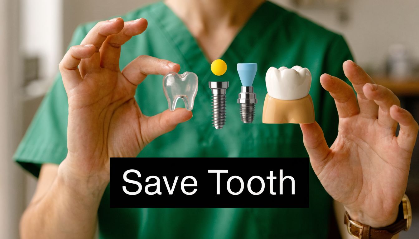 A dentist wearing a green uniform holding components of a dental implant procedure with text below.