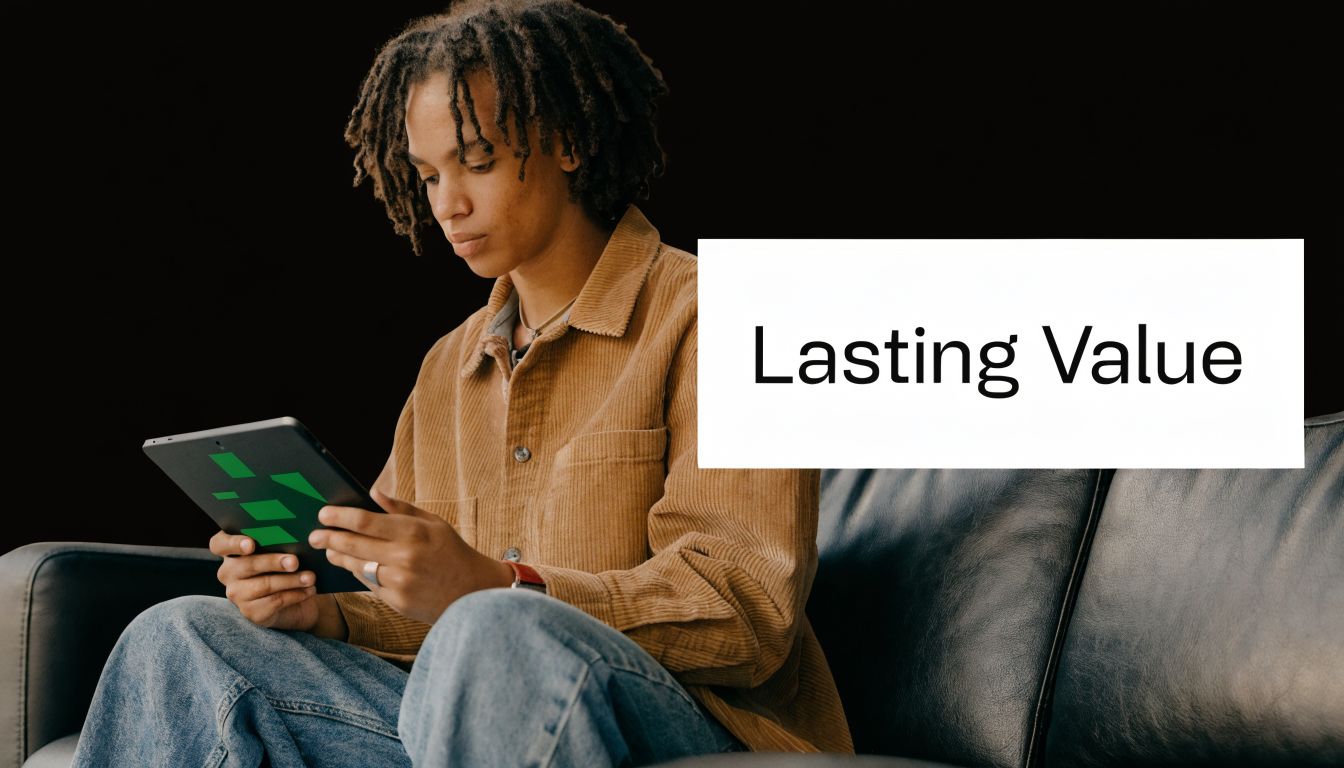 A person with dreadlocks sitting on a leather couch while using a digital tablet.