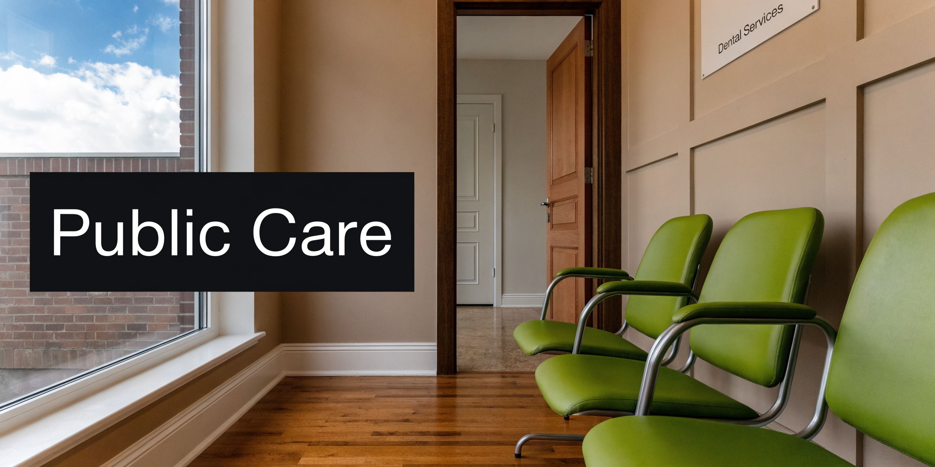 A quiet dental office waiting area with modern green chairs, wood floors, and a bright window.