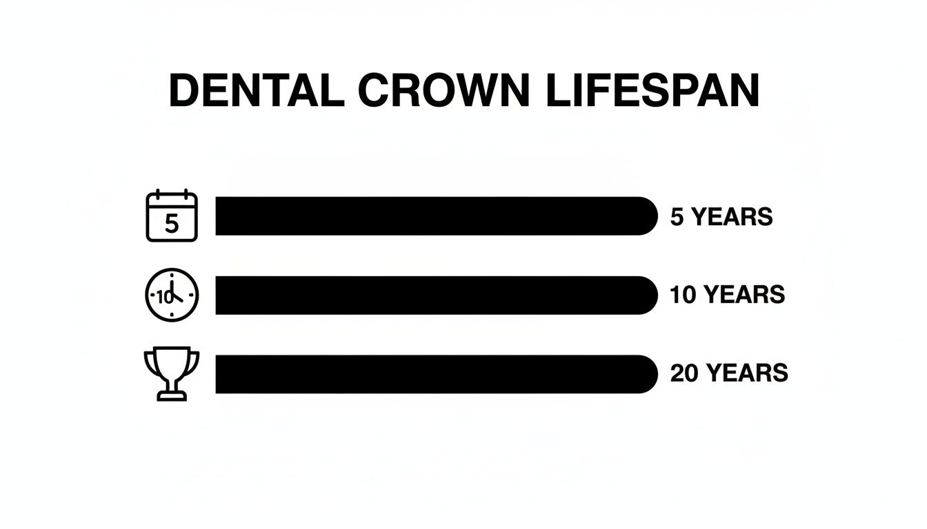 Graphic illustrating dental crown lifespan with timeframes of 5, 10, and 20 years.
