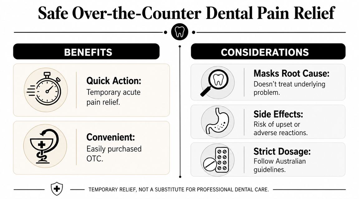 A dental health infographic highlighting the benefits and considerations of over-the-counter medication for dental pain relief.
