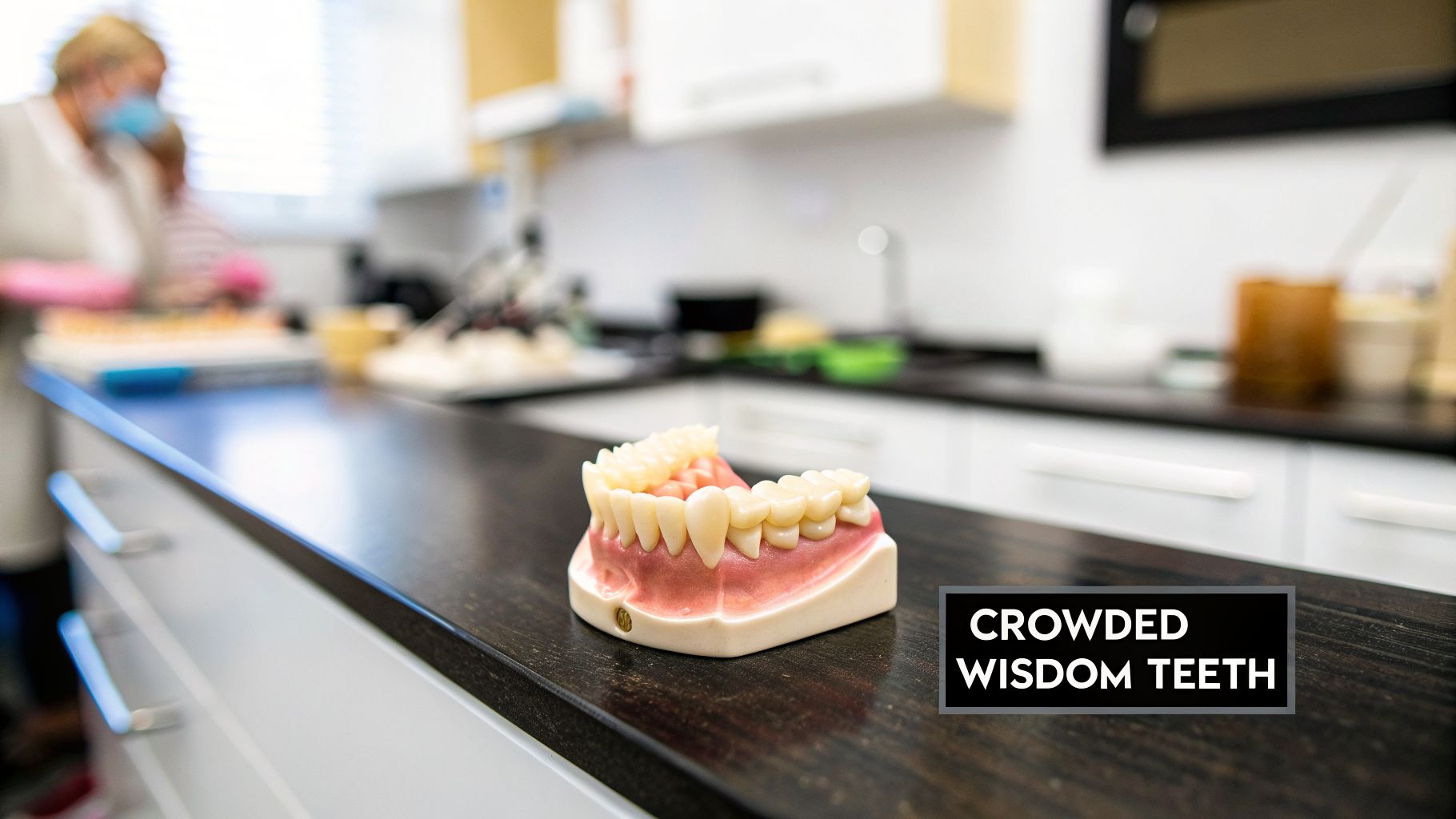 A dental model demonstrating crowded wisdom teeth on a dark counter in a blurred dental clinic.