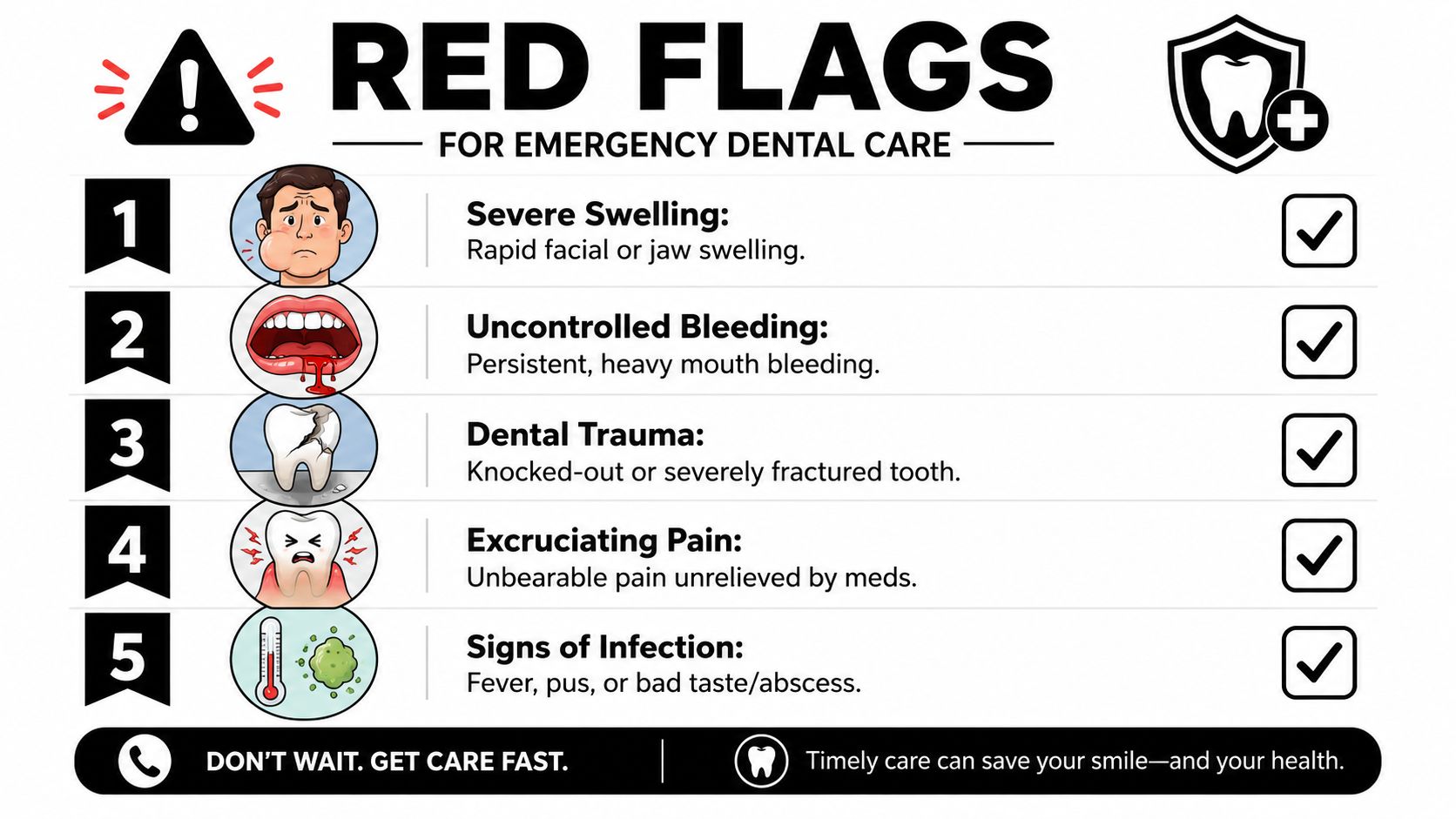 An infographic titled Red Flags for Emergency Dental Care listing five common reasons for urgent dental visits.