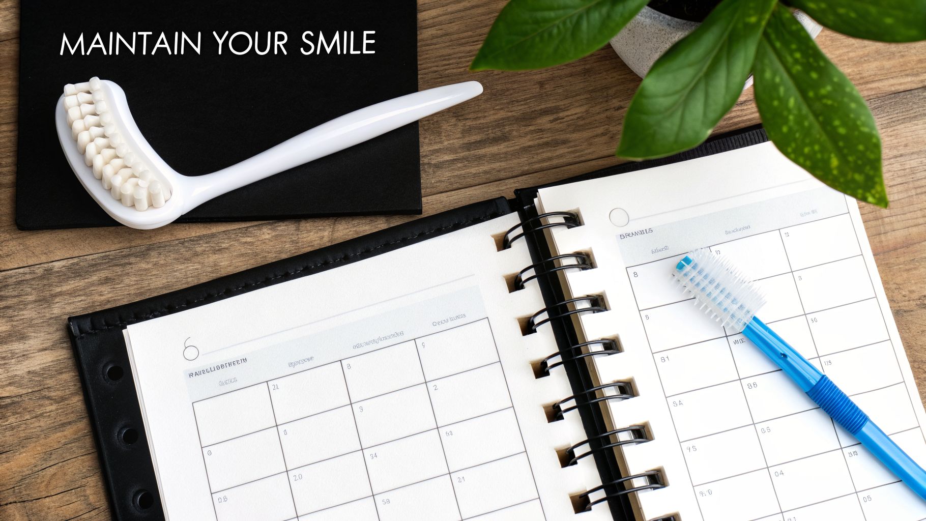 A flat lay shows a calendar, a toothbrush, a dental tool, and a note reading 'MAINTAIN YOUR SMILE'.