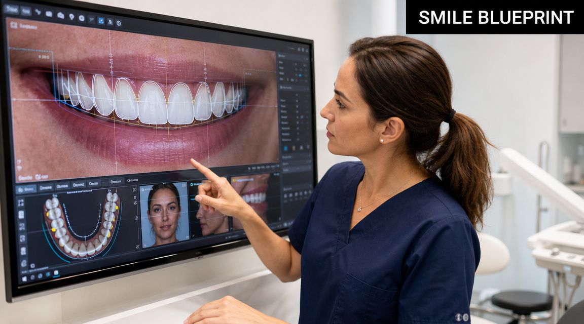 A female dentist pointing at a digital smile design plan on a large computer screen in clinic.