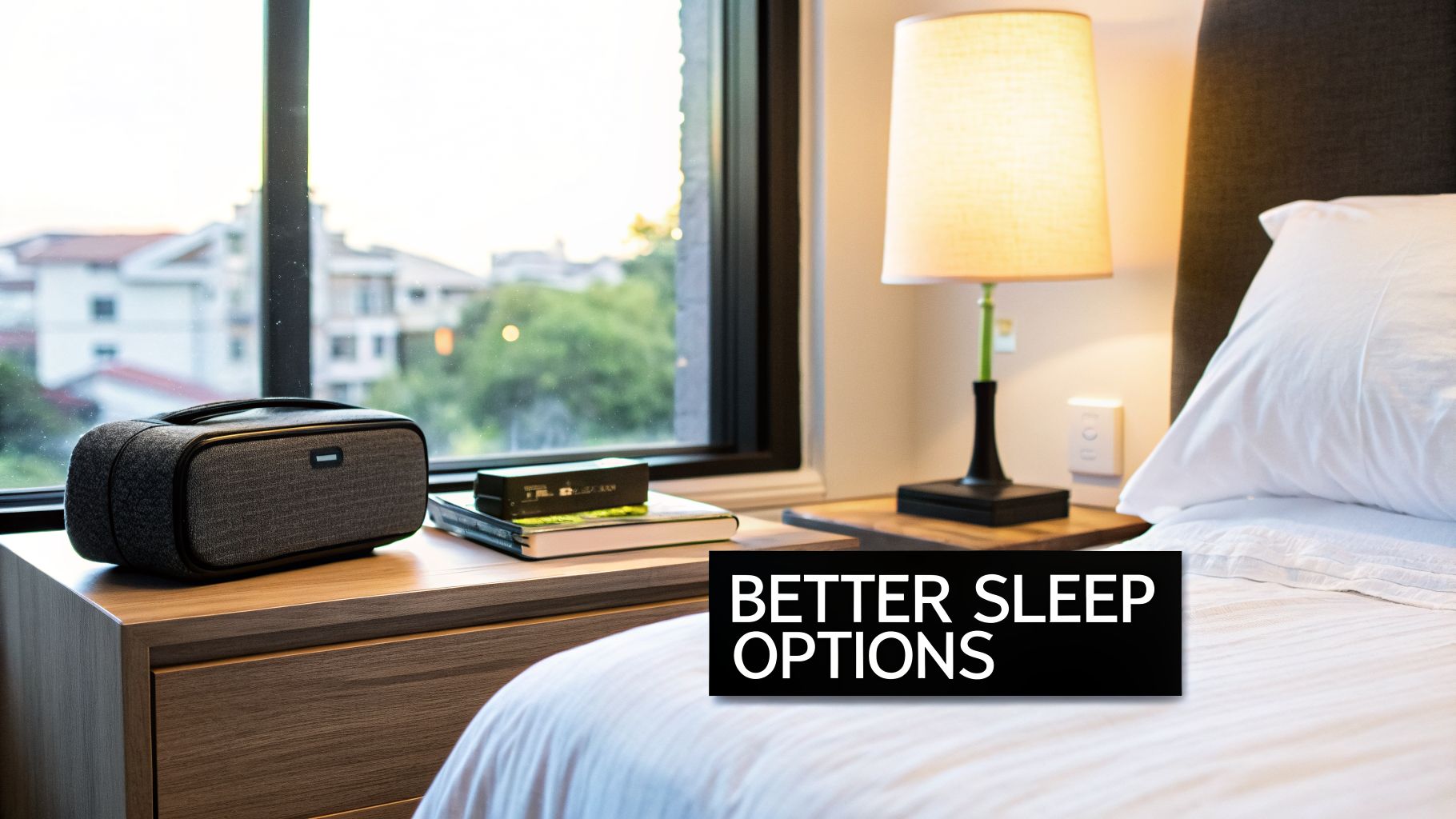 A modern bedroom with a nightstand, reading lamp, portable speaker, and books by a bright window.