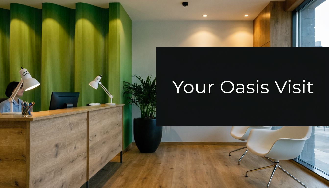 A modern, bright office reception area featuring a wooden desk, green wall panels, and comfortable waiting chairs.