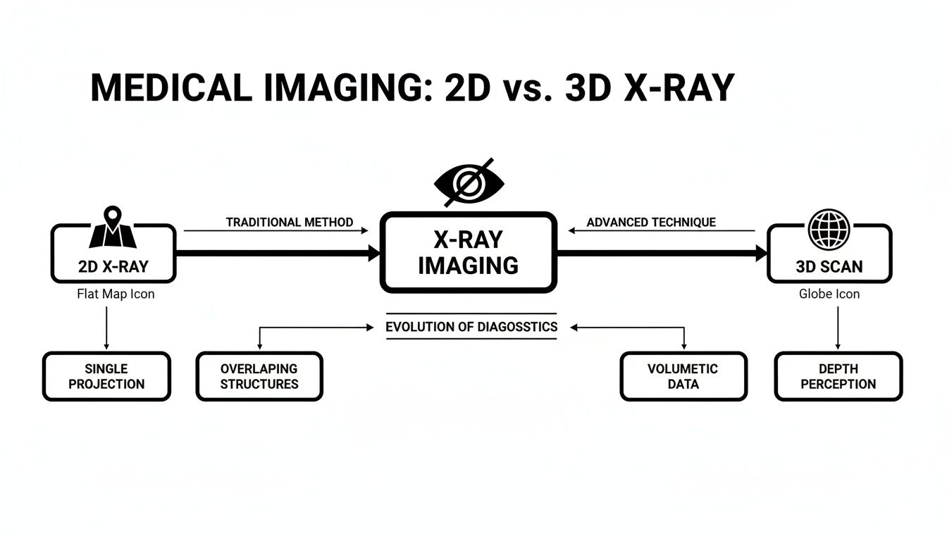 Diagram comparing 2D and 3D X-ray imaging, highlighting single projection versus volumetric data.