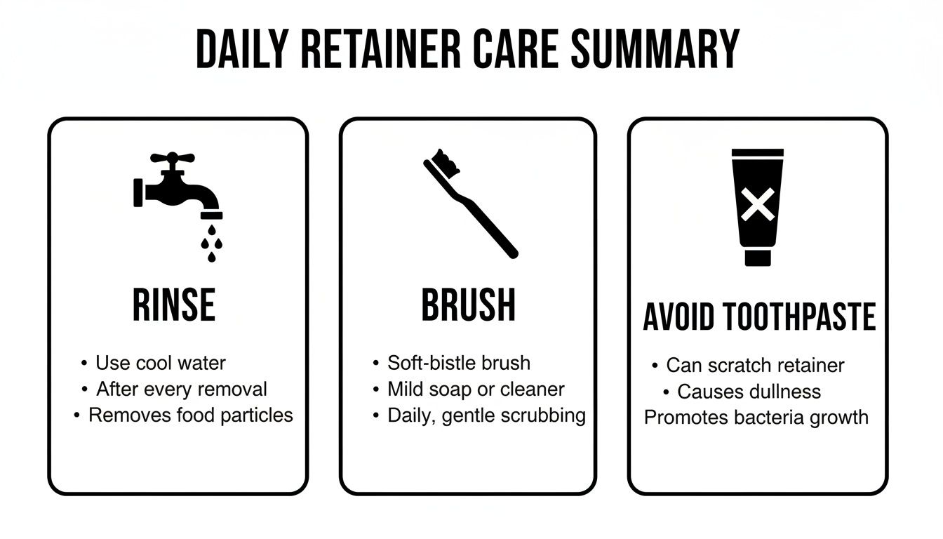 A daily retainer care guide showing instructions for rinsing, brushing, and avoiding toothpaste for proper hygiene.