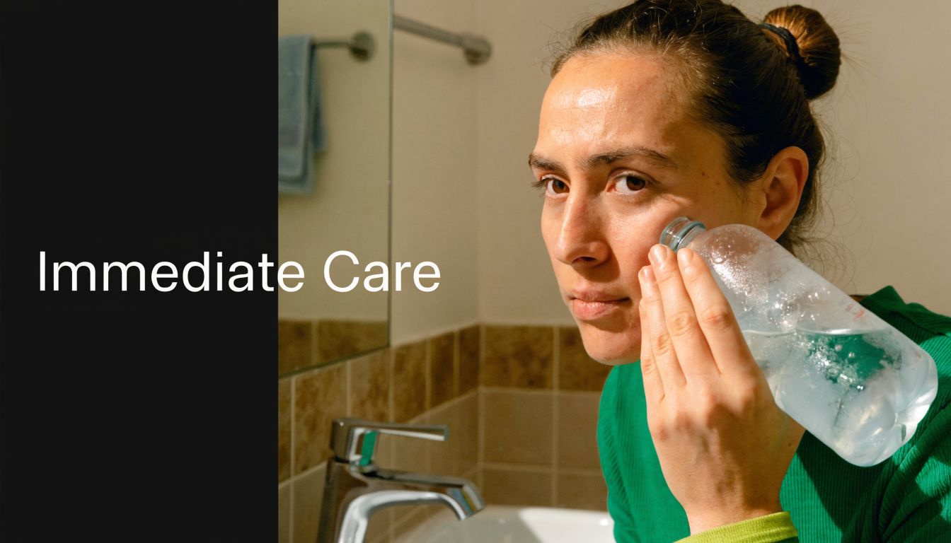 A woman holding a cold plastic bottle against her cheek for immediate care in a bathroom setting.