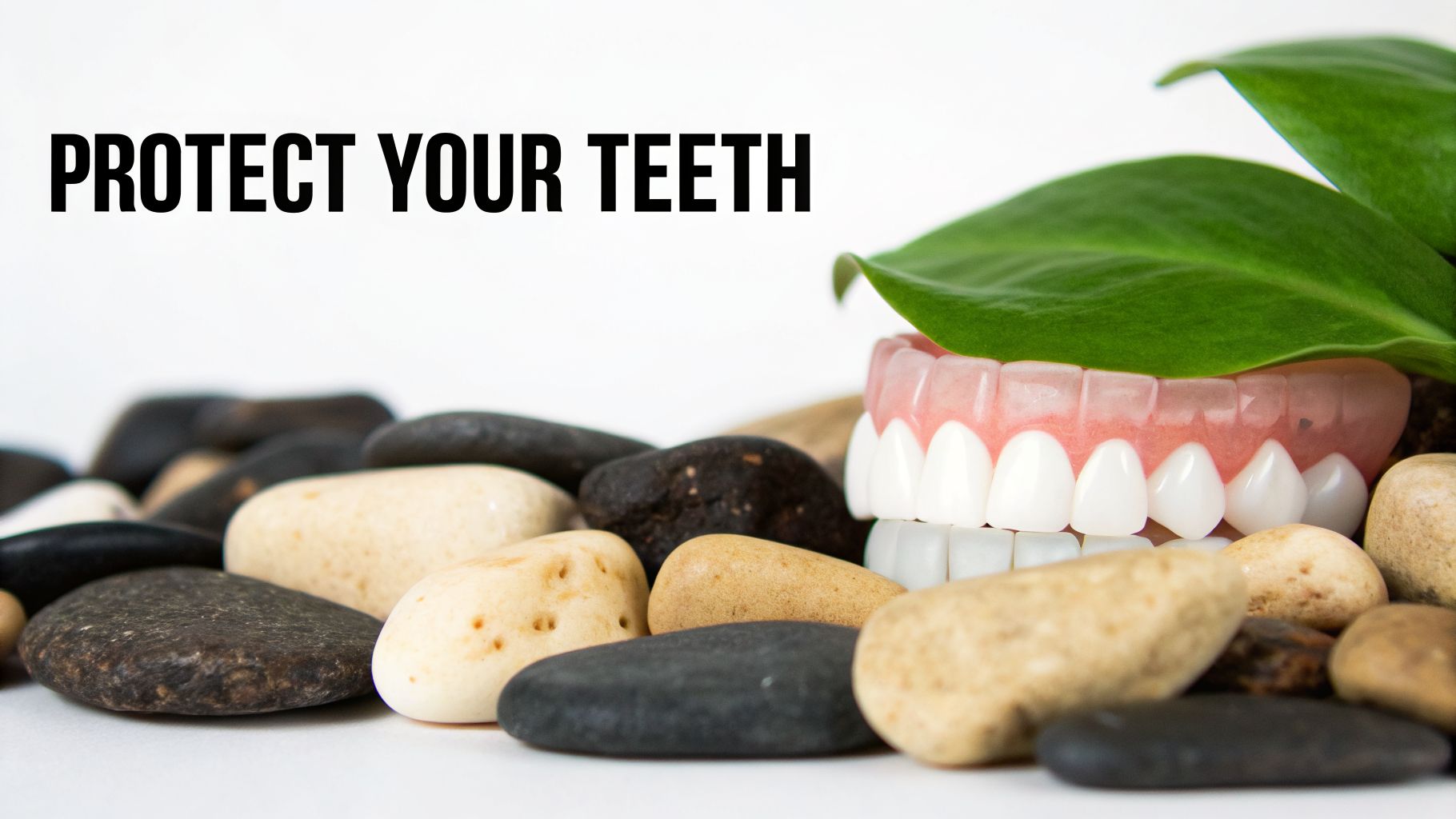 False teeth (dentures) nestled among smooth stones and a green leaf, with the text 'PROTECT YOUR TEETH'.
