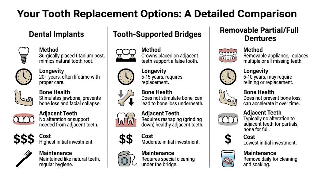 A comparison chart outlining dental implants, tooth-supported bridges, and dentures as options for replacing missing teeth.