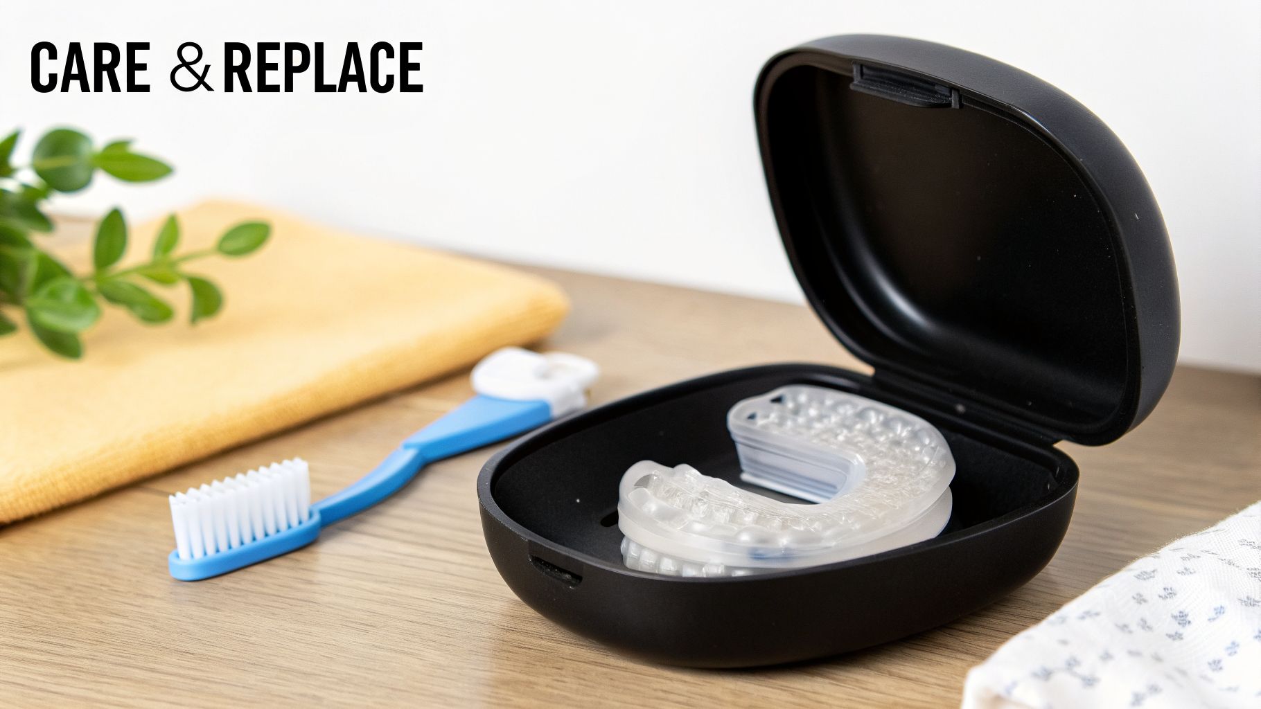 Two clear thin mouth guards in a black case with a toothbrush on a wooden table.