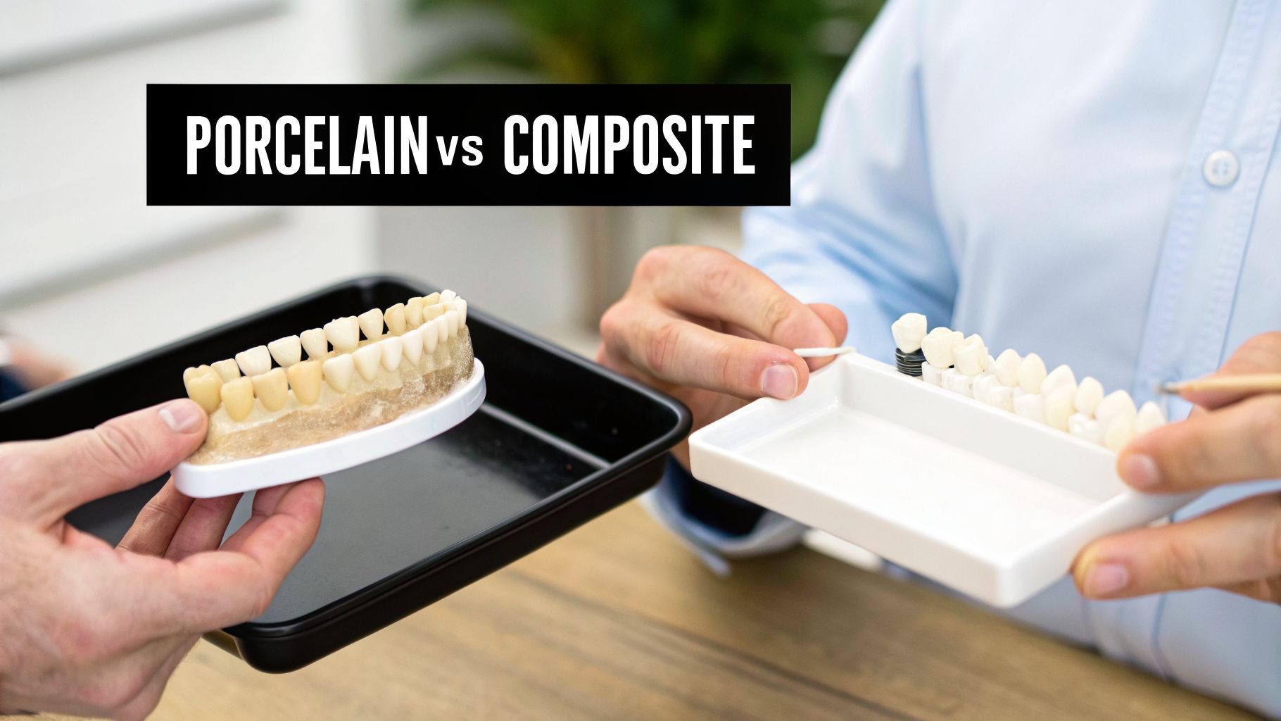 Hands compare dental models, showcasing porcelain and composite veneers for aesthetic dentistry.