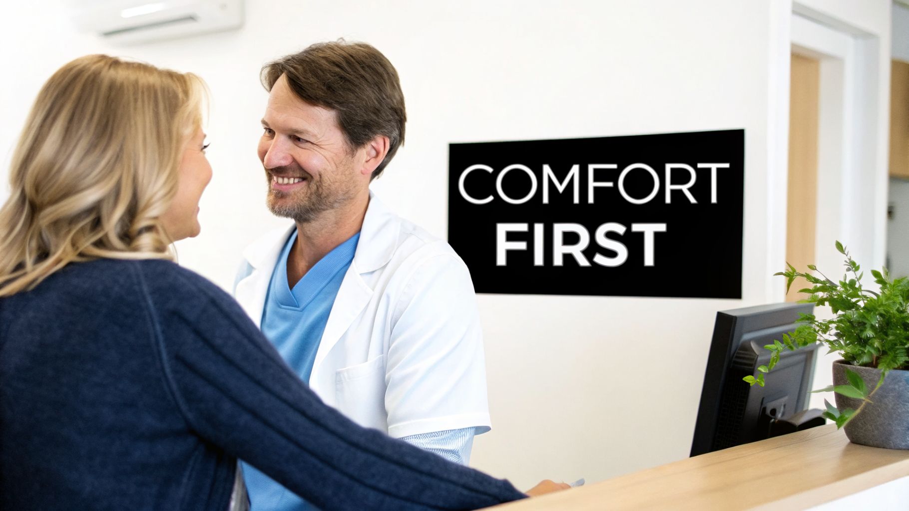 A smiling dentist talks to a female patient at a reception desk with a "Comfort First" sign.