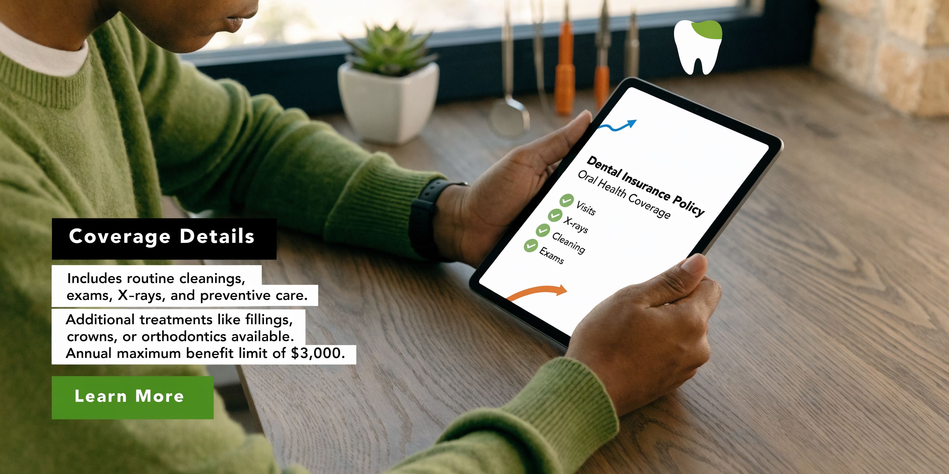 A person in a green sweater holding a digital tablet displaying dental insurance policy coverage details.