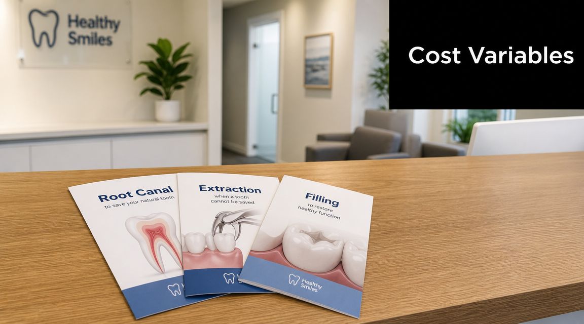 Brochures for dental procedures like root canals, extractions, and fillings displayed on a modern office reception desk.