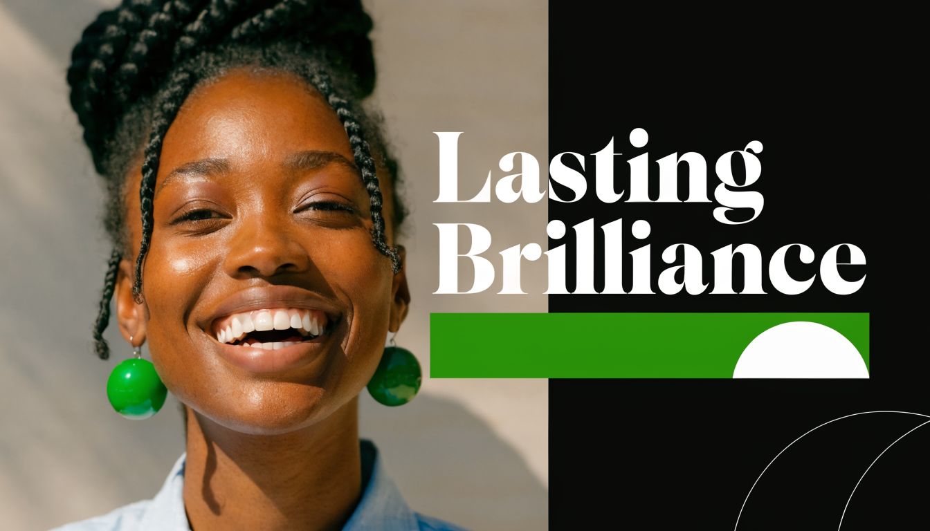 A smiling young Black woman with braided hair wearing bright green earrings against a high-contrast background.