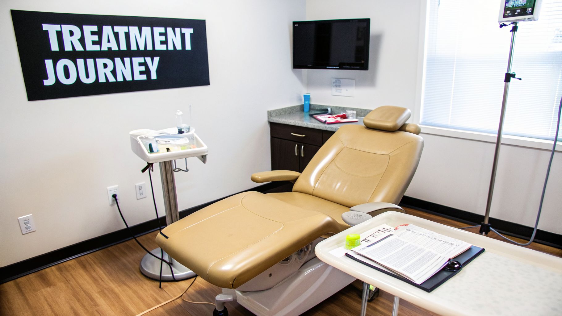 A clean, modern dental office with a tan chair, tools, and a sign reading 'Treatment Journey'.