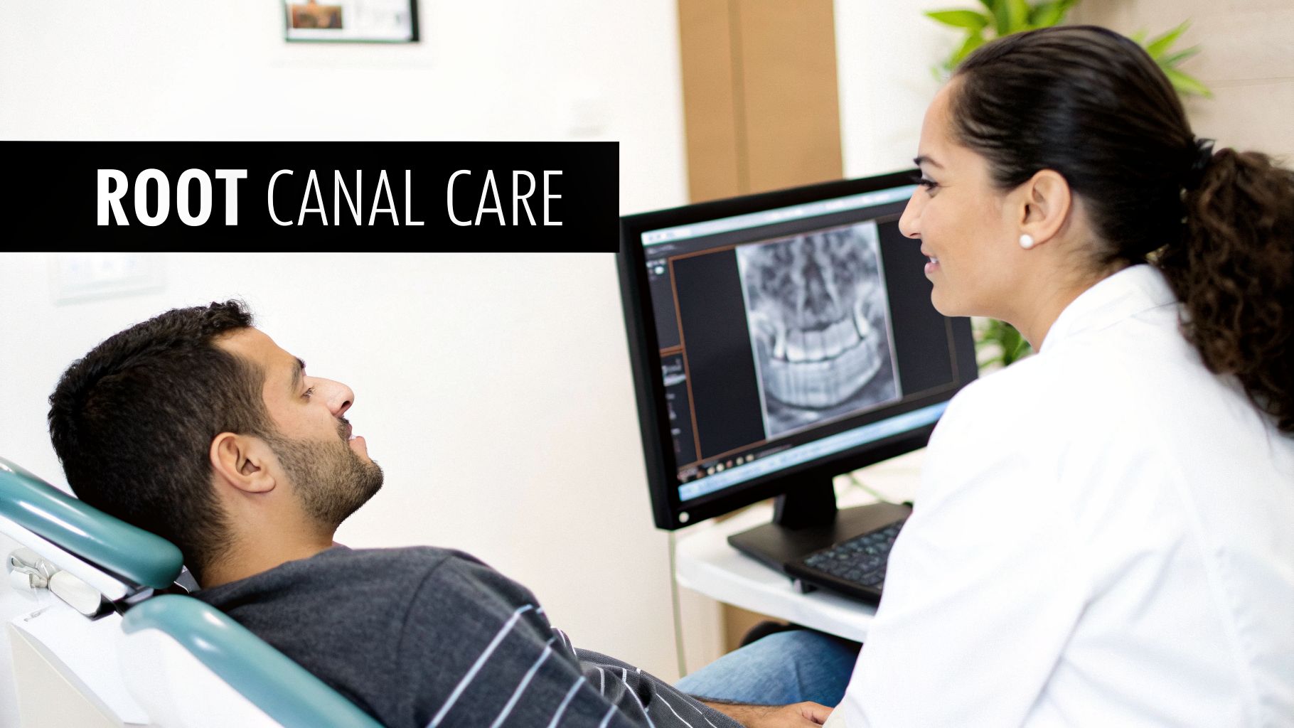 Dentist explains dental X-rays on a monitor to a male patient for root canal care.
