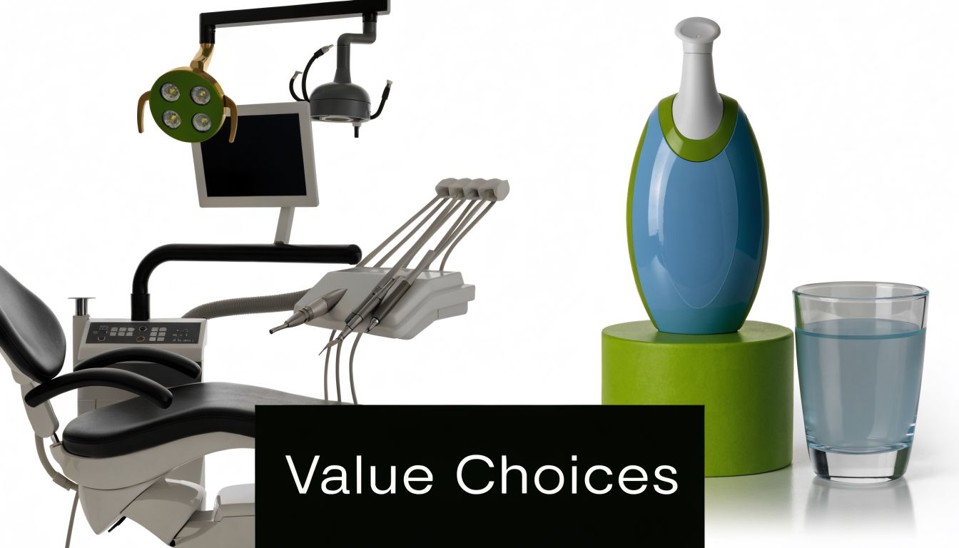 A professional dental chair with tools alongside a teeth whitening device and a glass of water.