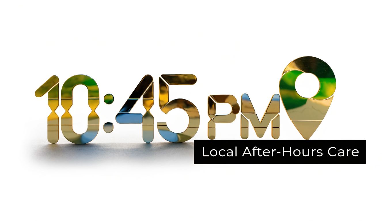 A gold 3D representation of the time 10:45 PM next to a location pin symbol.