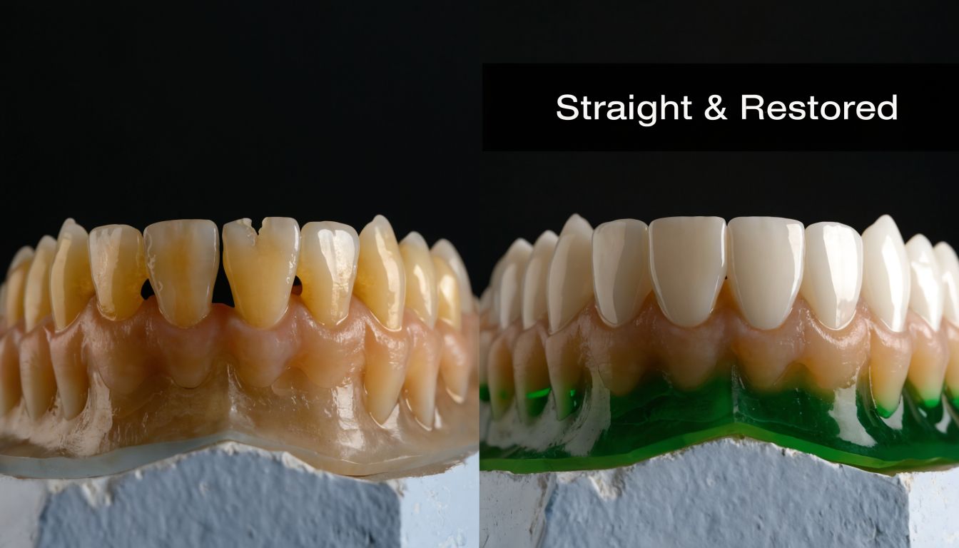 A split image showing a dental model of teeth before and after porcelain veneers restoration treatment.