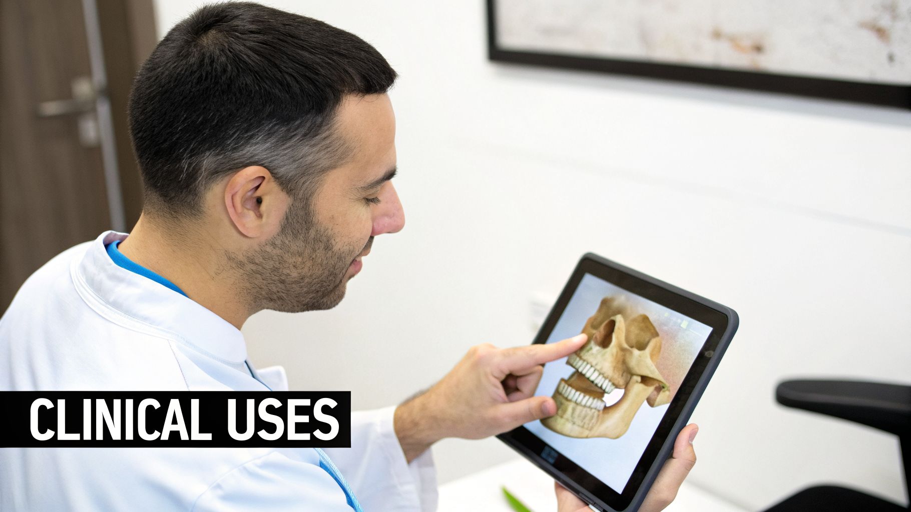 A doctor in a white coat views a 3D human jaw model on a tablet, showcasing clinical uses.