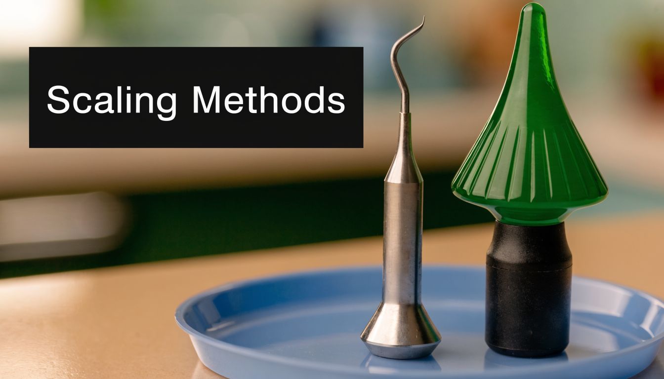 A dental scaling tool and a green decorative object displayed on a small blue tray.