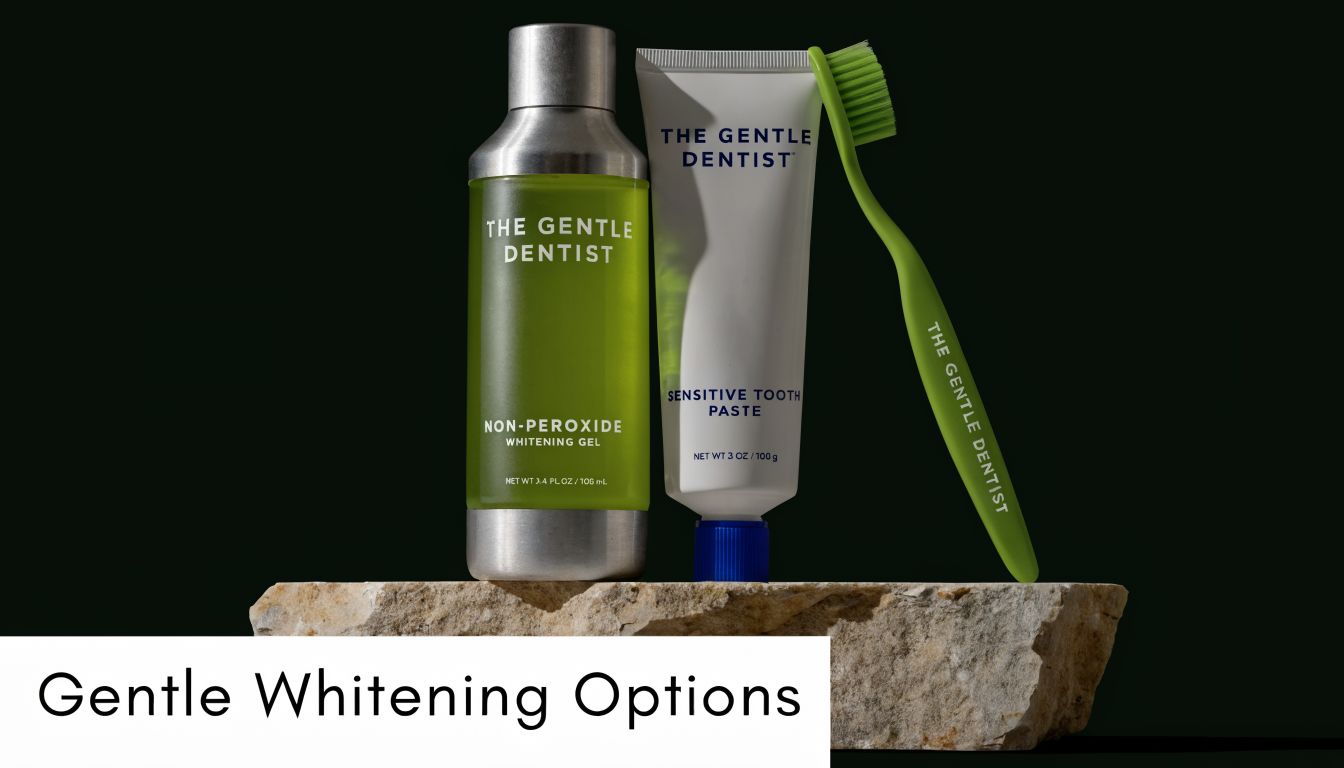 A set of The Gentle Dentist products, including whitening gel, sensitive toothpaste, and a green toothbrush.