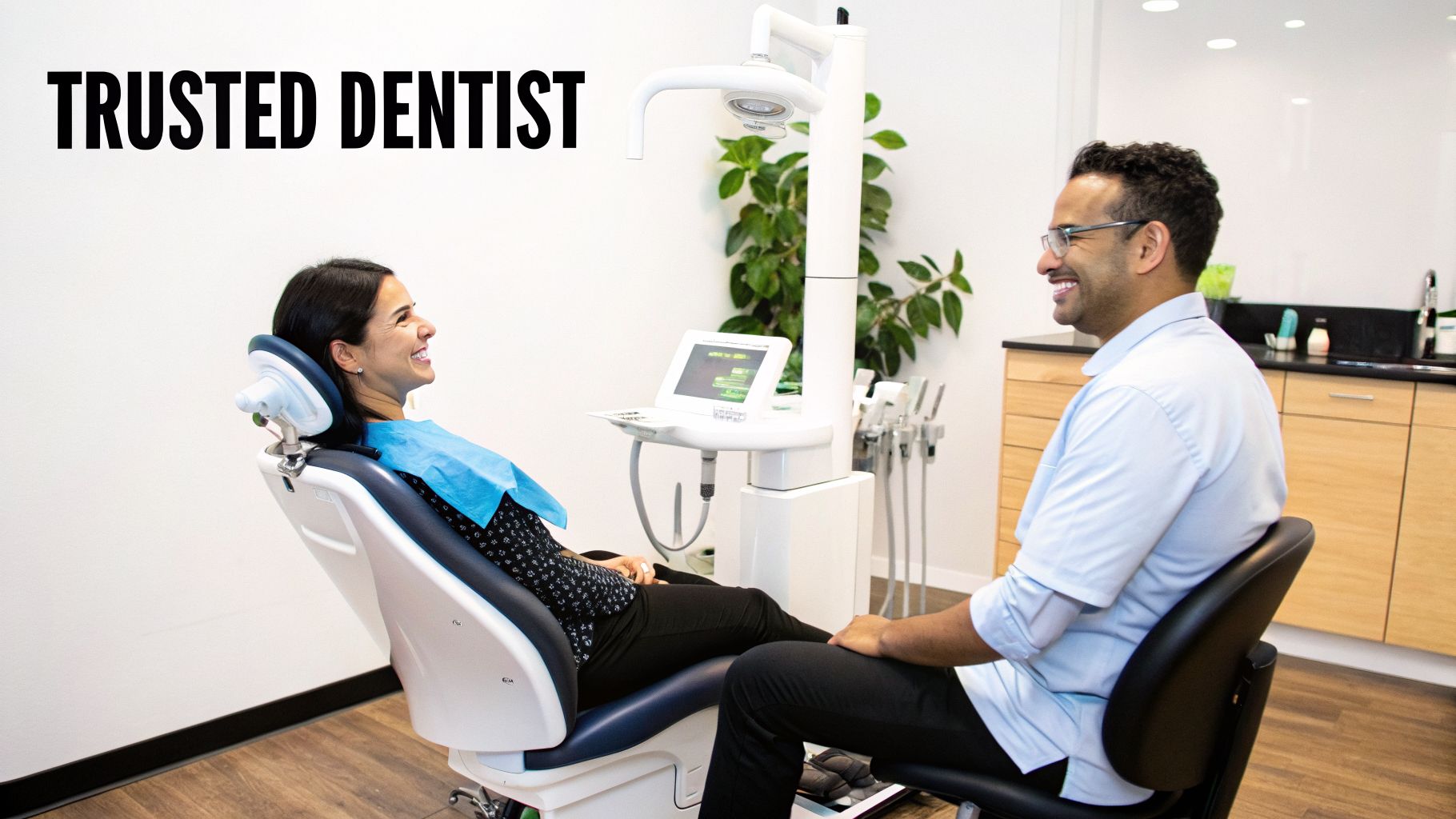 A male dentist and female patient smiling at each other in a modern dental office.