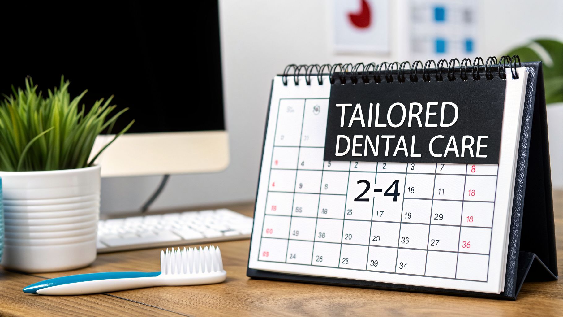 A desk calendar displaying 'Tailored Dental Care' with a toothbrush, symbolizing importance of regular dental check-ups.