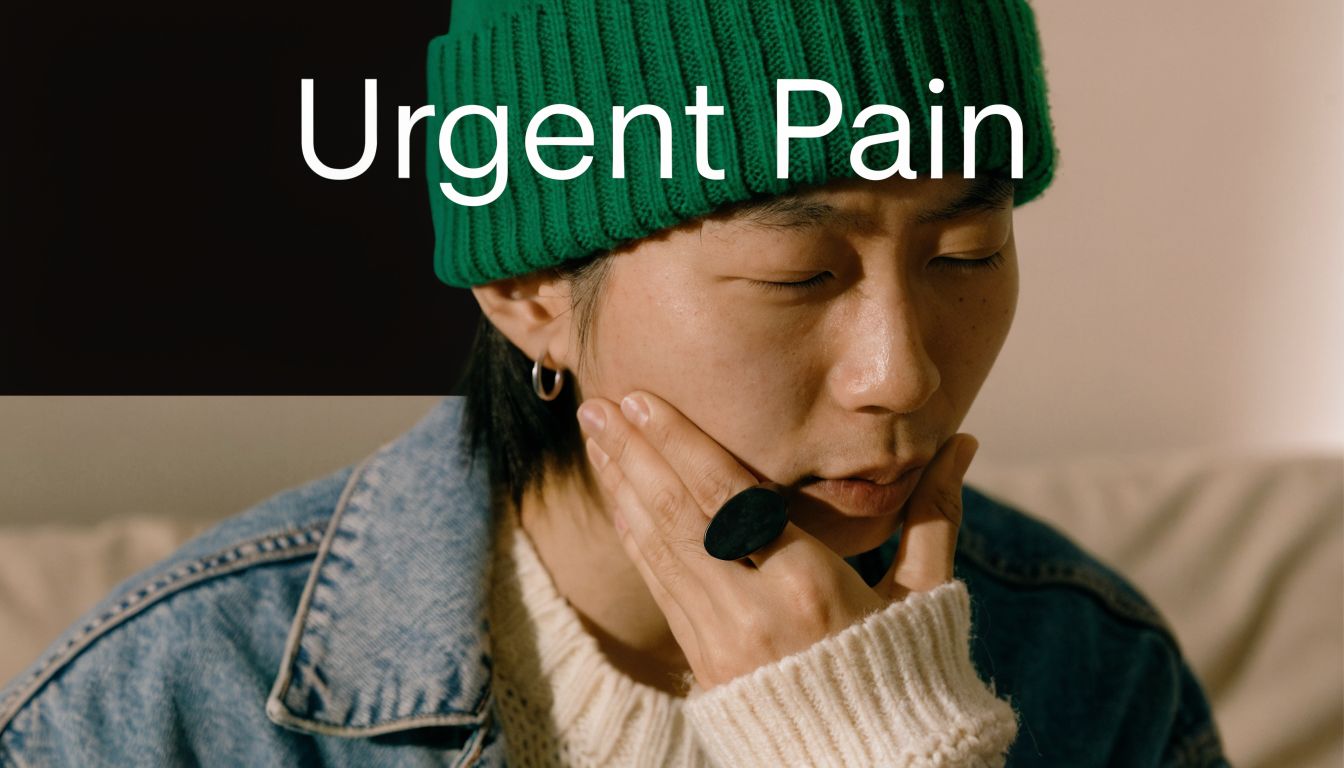 A young person in a green beanie holding their cheek while experiencing facial or tooth pain.